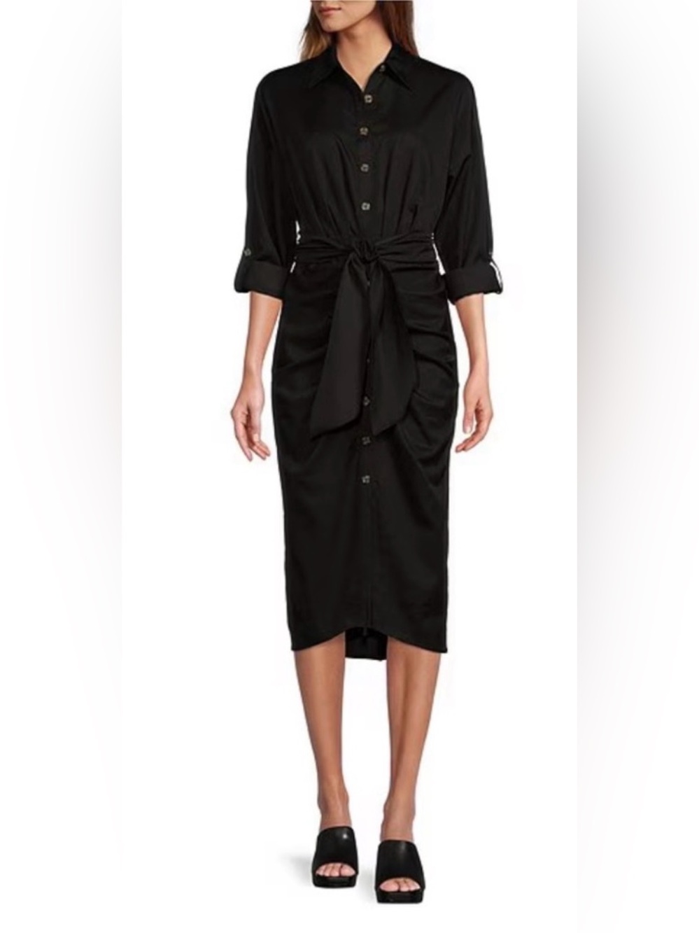 Antonio Melani Roxanne Point Collar Ruched Tie-Waist Midi Shirt Dress